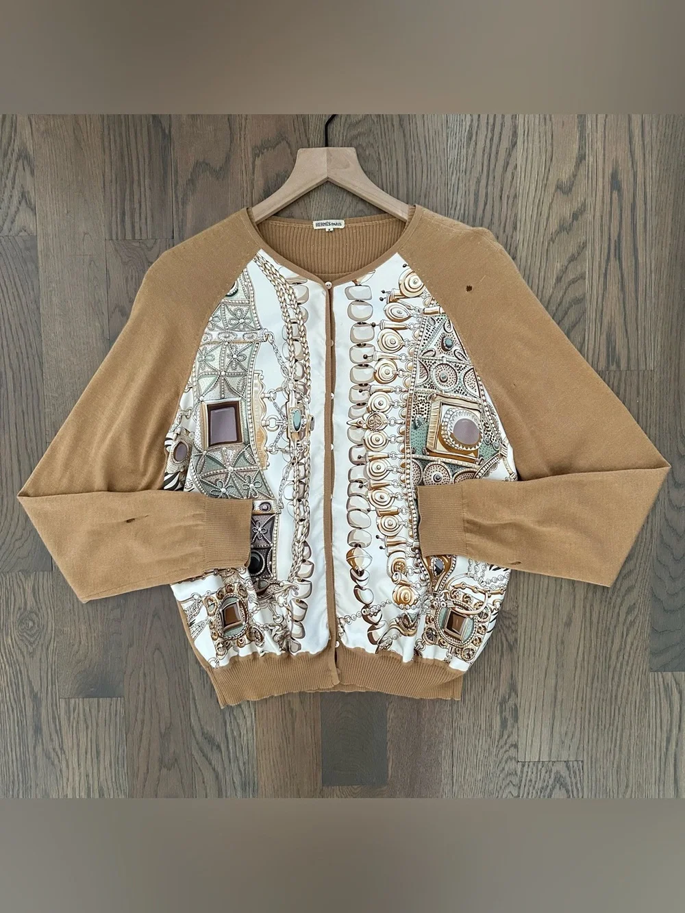 Vintage Hermes Silk and Cashmere Cardigan Twinset Camel Brown Multicolor XL